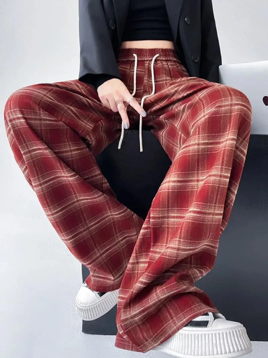 Women's Retro Plaid Loose Casual Wide Leg Trousers Slimming Floor Checkered Pants