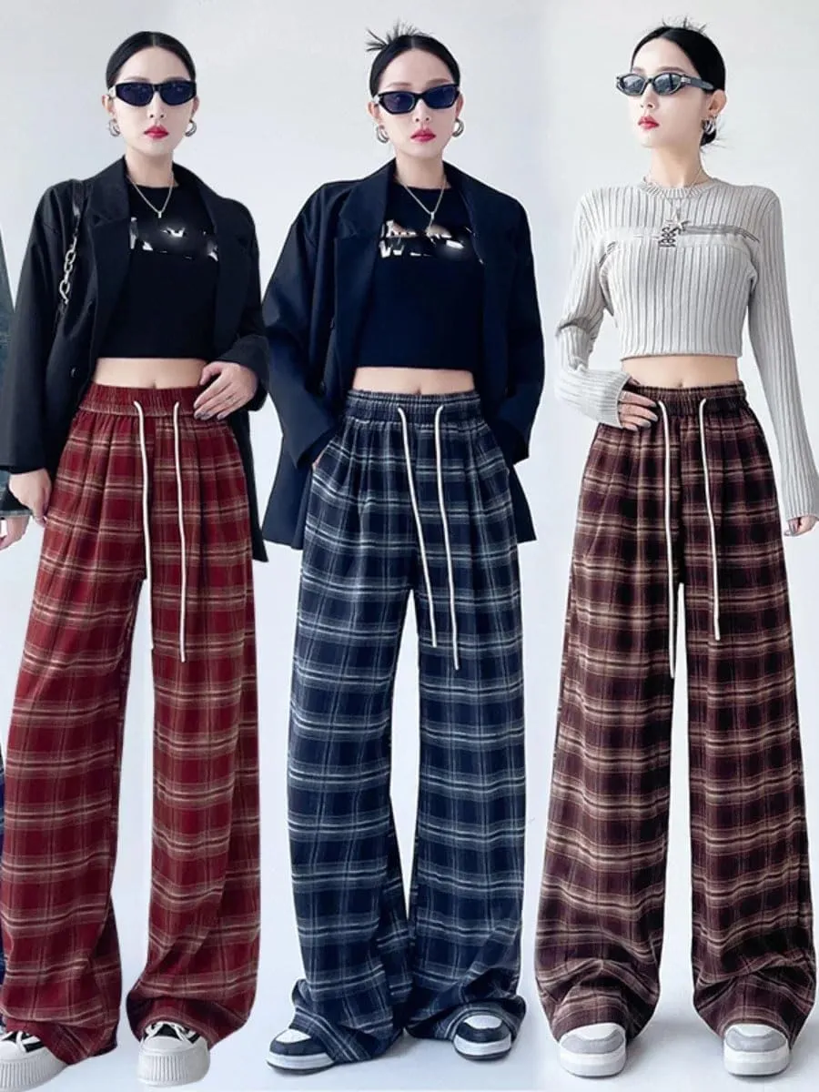 Women's Retro Plaid Loose Casual Wide Leg Trousers Slimming Floor Checkered Pants