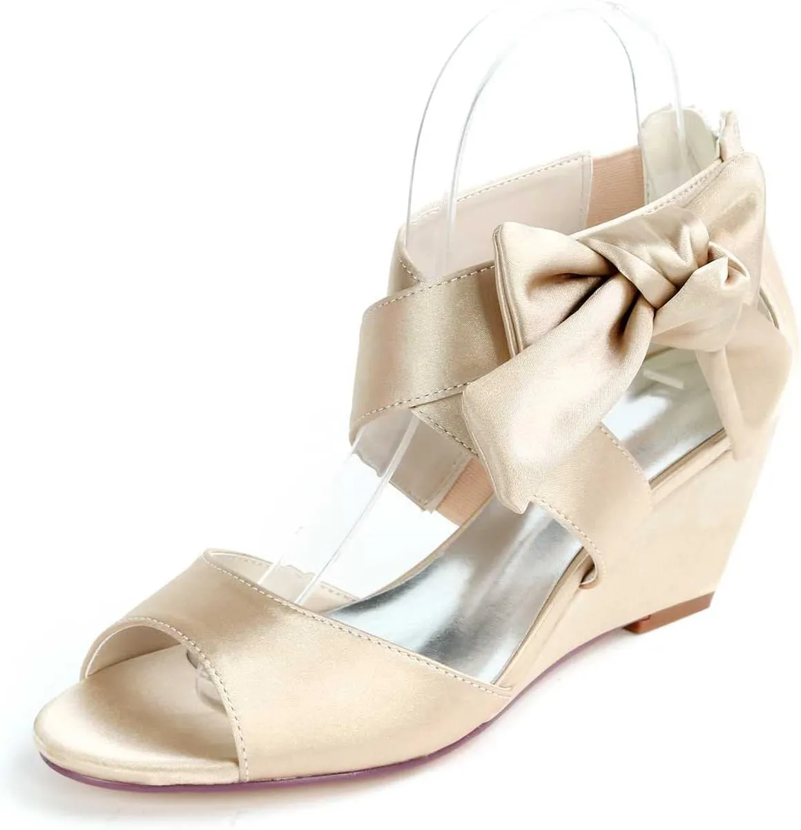 Women's Satin Open Toe Platform Wedge Sandals with Round Toe High Heels for Evening Proms and Weddings