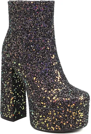 Women's Sexy Chunky Glitter Ankle Boots, Side Zipper High Heel Sparkly Sequin Platform Booties, Shiny Bling Fashion Dress Combat Boot