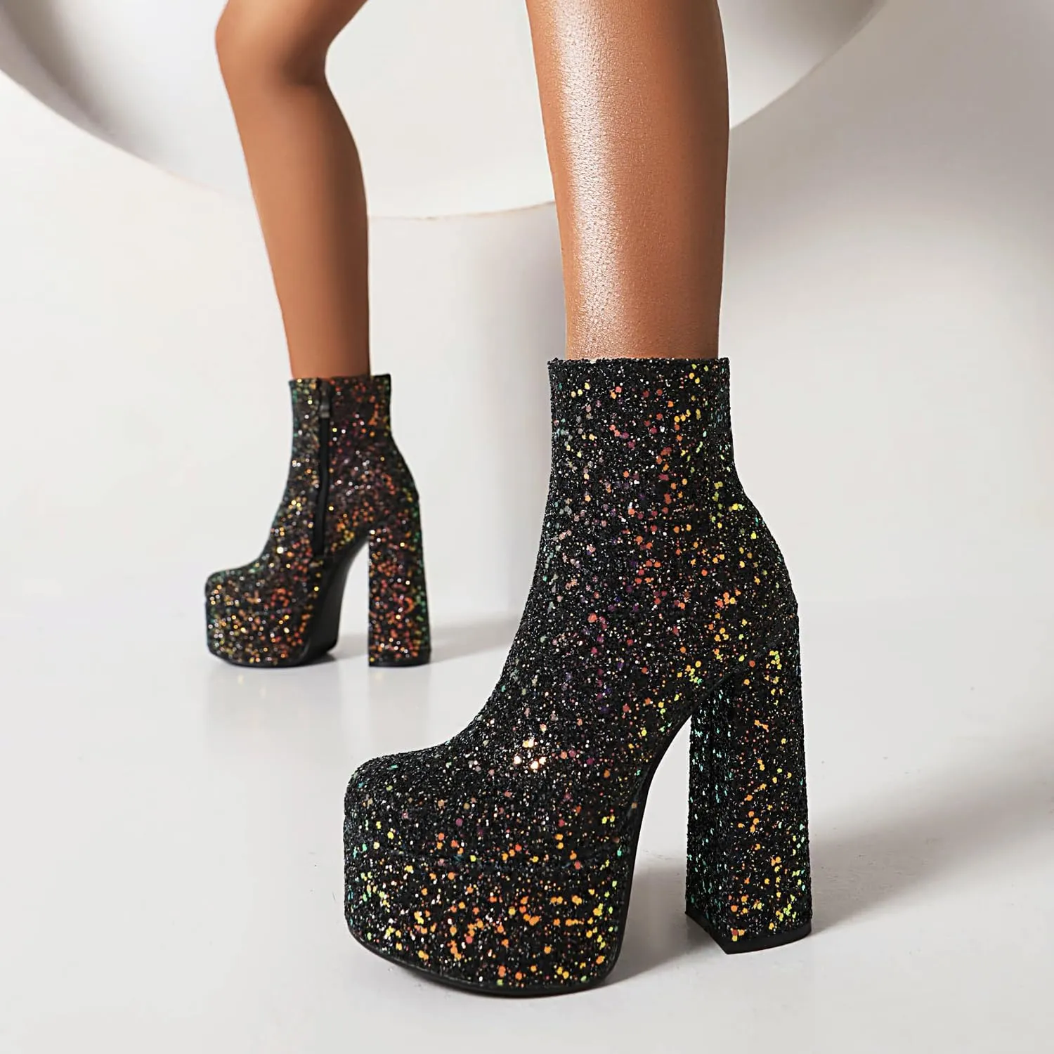 Women's Sexy Chunky Glitter Ankle Boots, Side Zipper High Heel Sparkly Sequin Platform Booties, Shiny Bling Fashion Dress Combat Boot