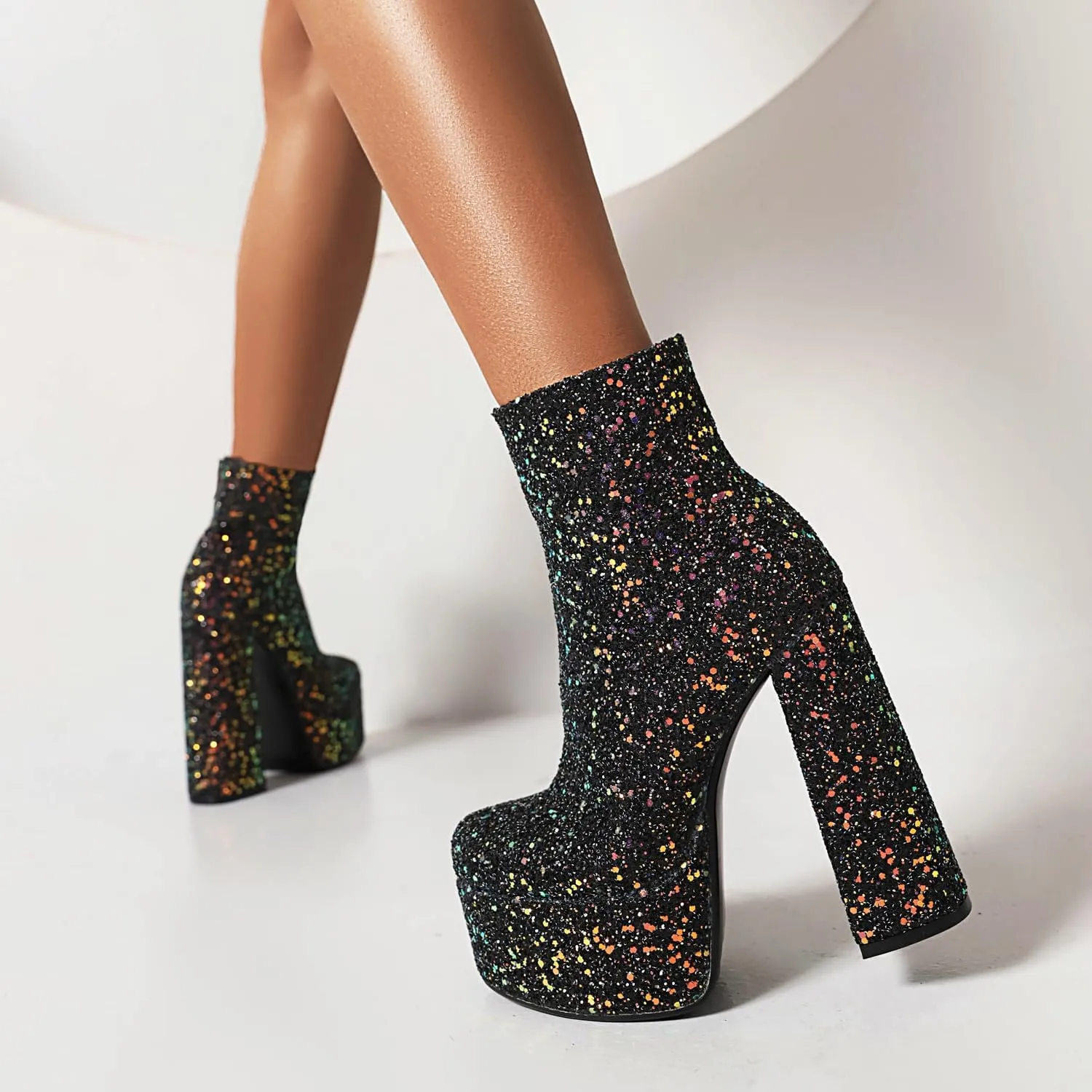 Women's Sexy Chunky Glitter Ankle Boots, Side Zipper High Heel Sparkly Sequin Platform Booties, Shiny Bling Fashion Dress Combat Boot