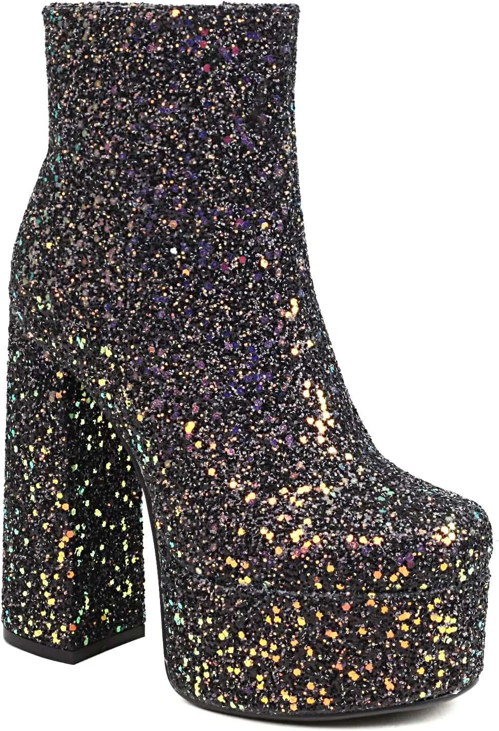Women's Sexy Chunky Glitter Ankle Boots, Side Zipper High Heel Sparkly Sequin Platform Booties, Shiny Bling Fashion Dress Combat Boot