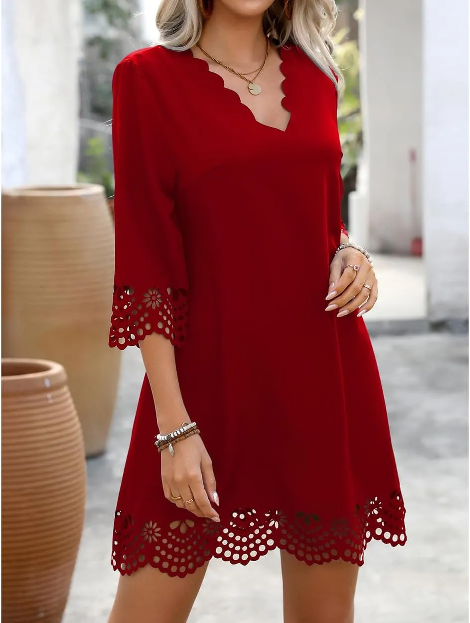 Women's Sexy Stylish 3/4 Long Sleeve Loose V Neck Lace A-Line Swing Cocktail Party Dresses