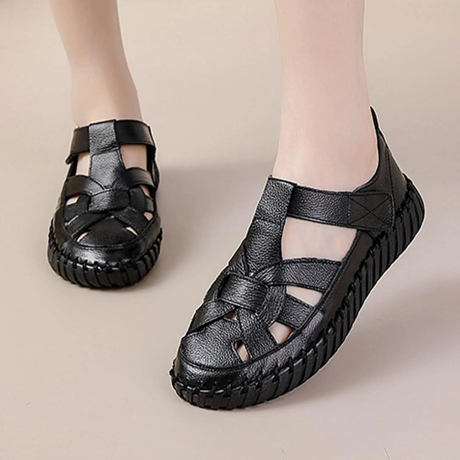 Women's Summer Casual Boho Gladiator Leather Sandals,Comfort Handmade Woven Closed Toe Adjustable Hook Loop Beach Shoes