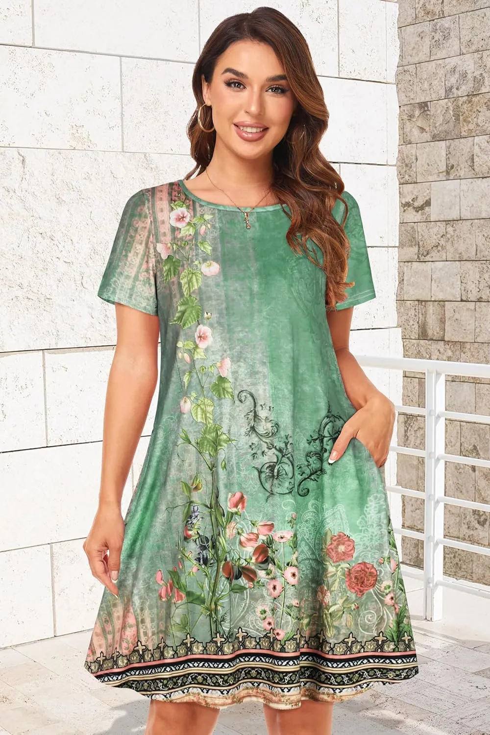 Womens Summer Dresses Beach Casual Loose Tshirt Floral Short Sleeve Flowy Pockets Sundresses