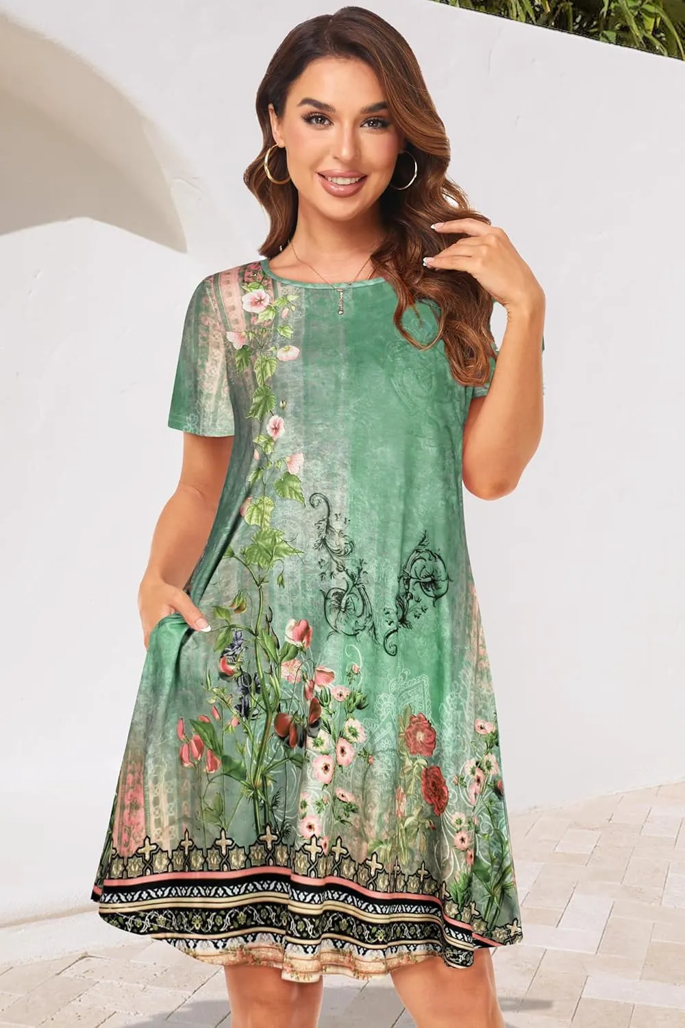 Womens Summer Dresses Beach Casual Loose Tshirt Floral Short Sleeve Flowy Pockets Sundresses