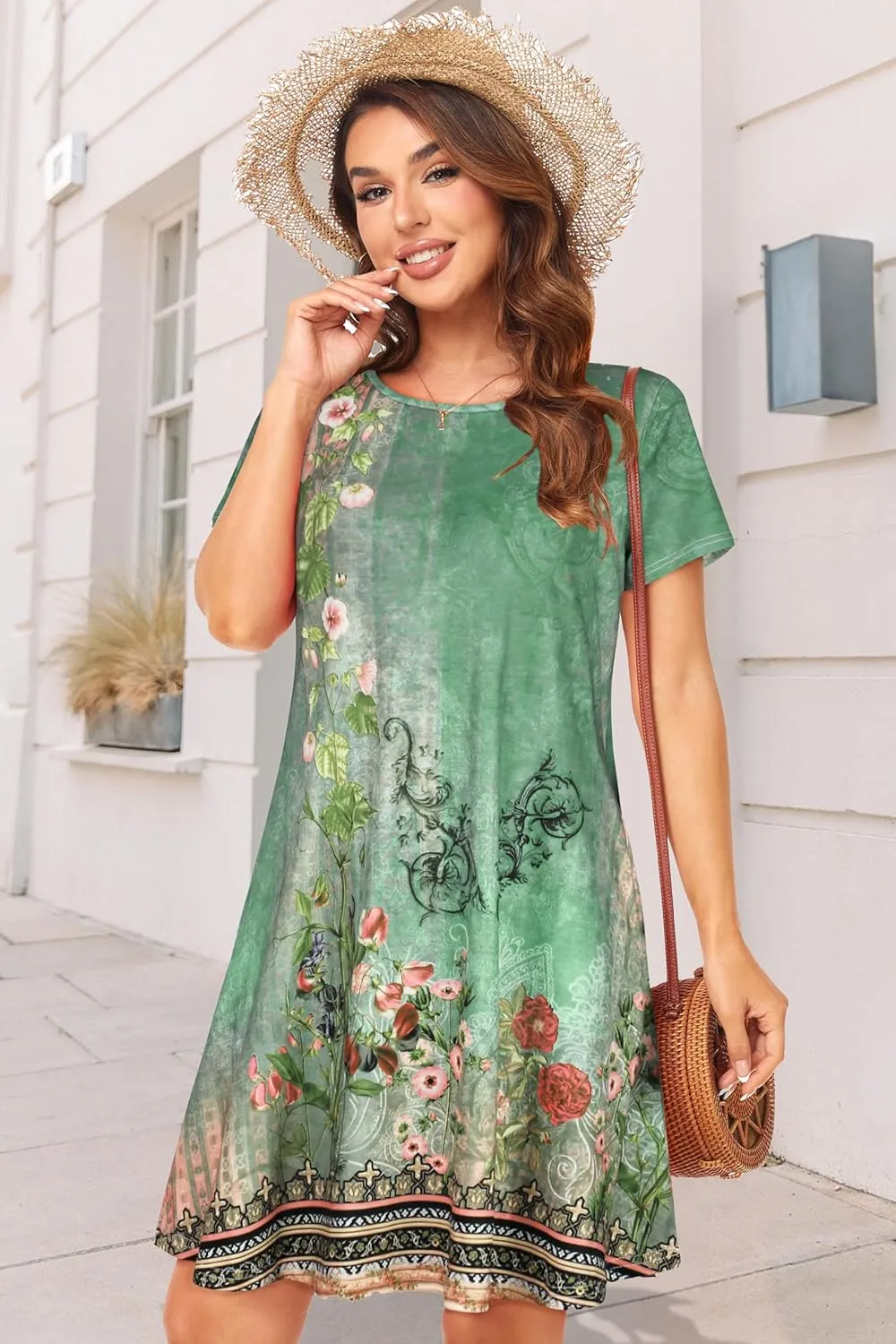 Womens Summer Dresses Beach Casual Loose Tshirt Floral Short Sleeve Flowy Pockets Sundresses