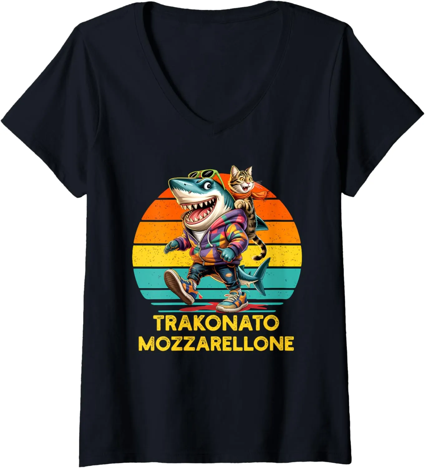 Womens TRAKONATO MOZZARELLONE - Brain Red Tralala Shark Retro V-Neck T-Shirt