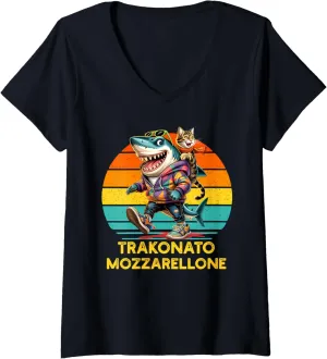 Womens TRAKONATO MOZZARELLONE - Brain Red Tralala Shark Retro V-Neck T-Shirt