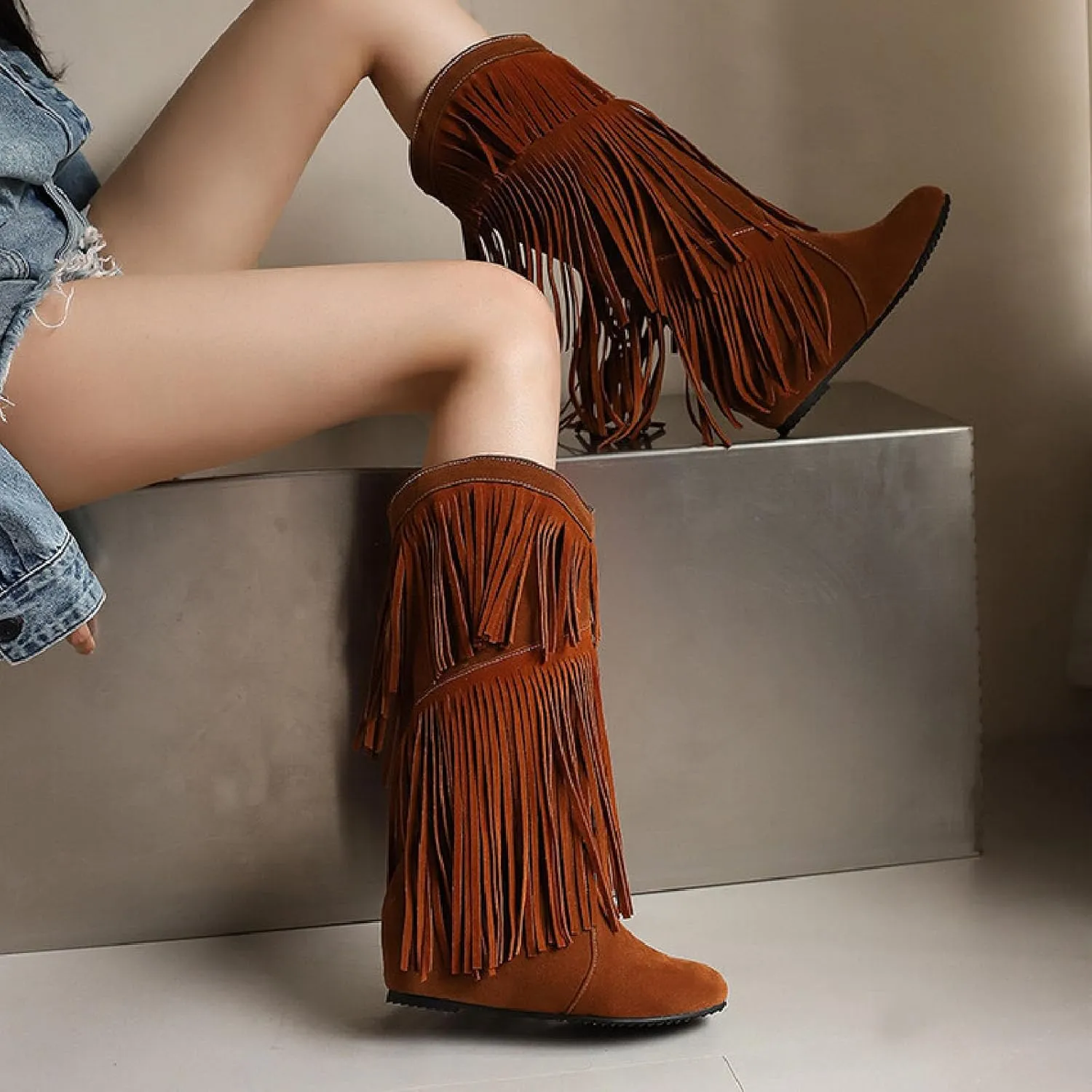 Women'S V-mouth Fringe Tassel Hidden Wedge Cowgirl Knee High Boot Pointed Toe Pull-On Low Heel Anti-Slip Keep Warm Moccasin Flat Mid Calf Boots