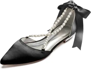 Women's Wedding Flats with Pointed Toe & Pearls Mary Jane Bridal Shoes with Buckle, Satin Perfect for Evening Parties, Proms, & Dressy Occasions