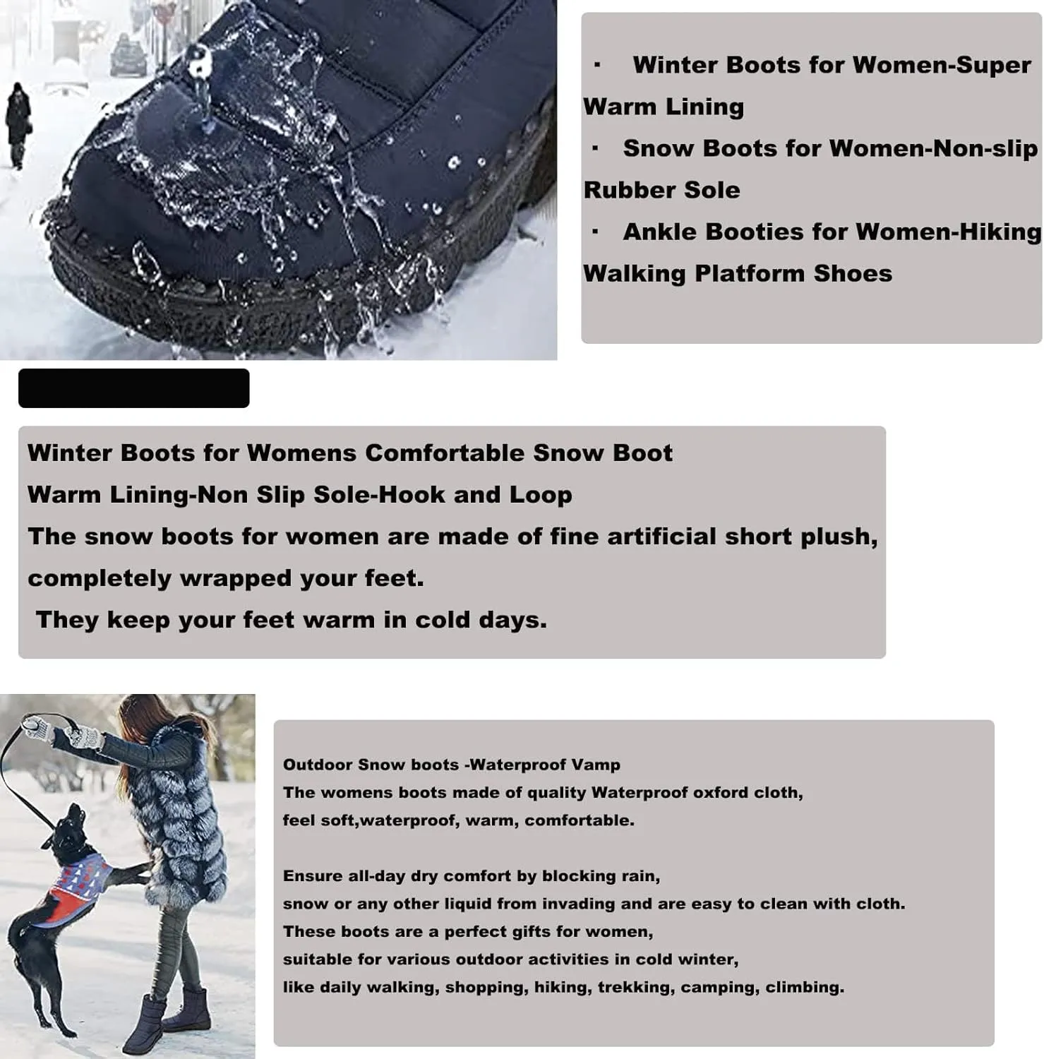 Womens Winter Fleece Snow Boots,Fur Lined Warm Ankle Boots Slip- On,Winter Waterproof Outdoor Booties