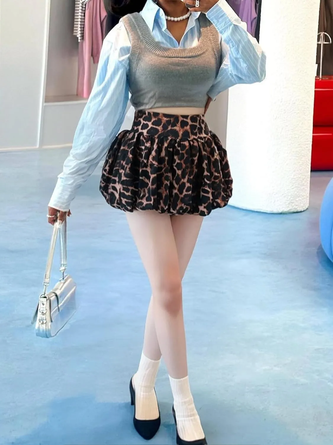 XZLUFNY Women Y2K Bubble Short Skirt Elastic High Waist Pleated Puffy Balloon Mini Skirts