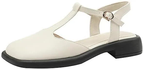 Yawors Womens LC953 Belt Square Heels Slingback Cow Leather Flats Sandals