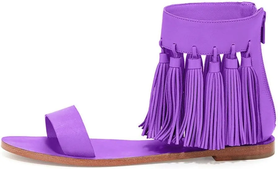 YDN Women Fashion Fringes Flats Tassels Open Toe Sandals Low-Heel Back Zipper Shoes