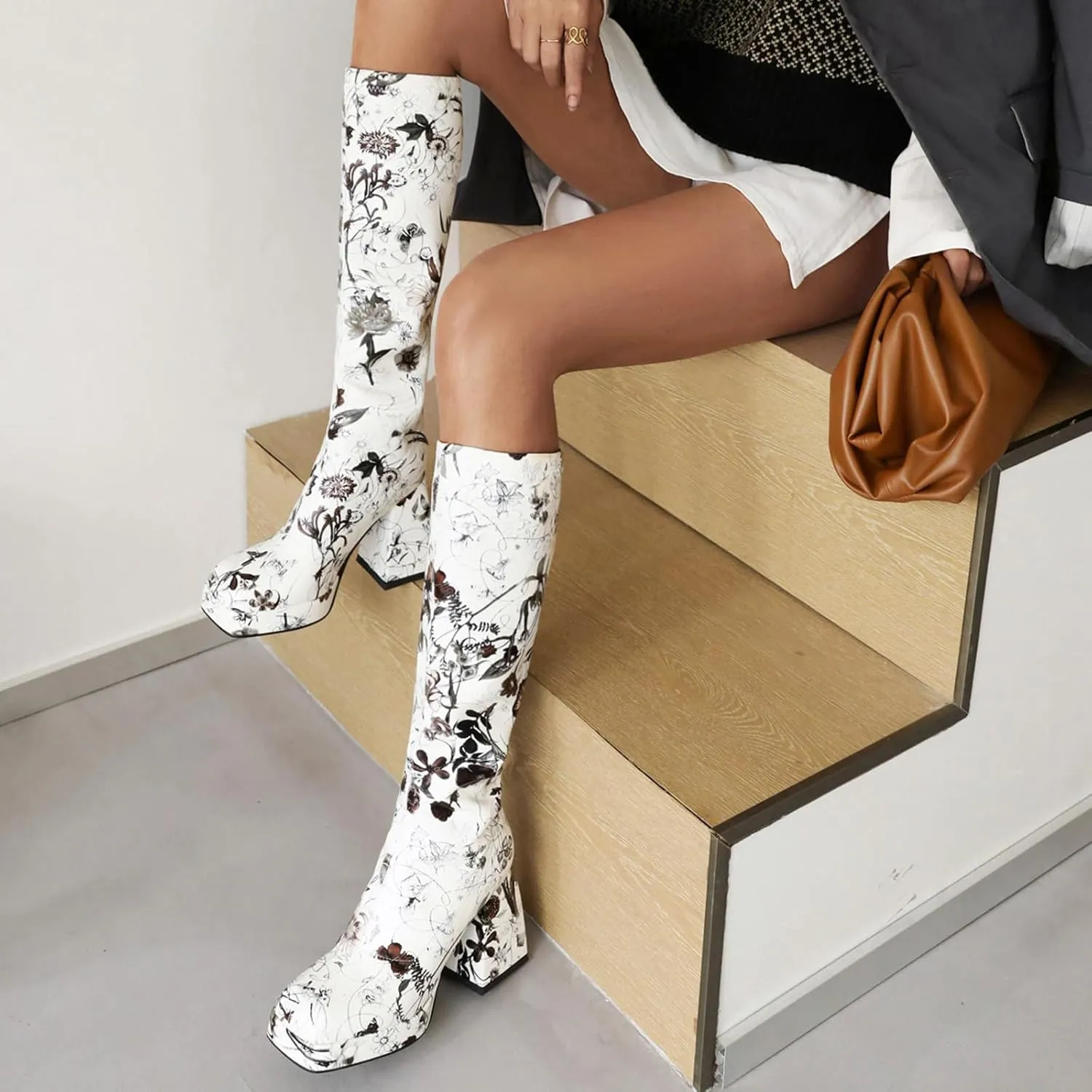 Yishaweiqi Women's Platform Gogo Boots Pull On Mid Calf Boots Chunky Block High Heel Boots Dress Halloween Costume Long Boots Disco Party Boots for Women