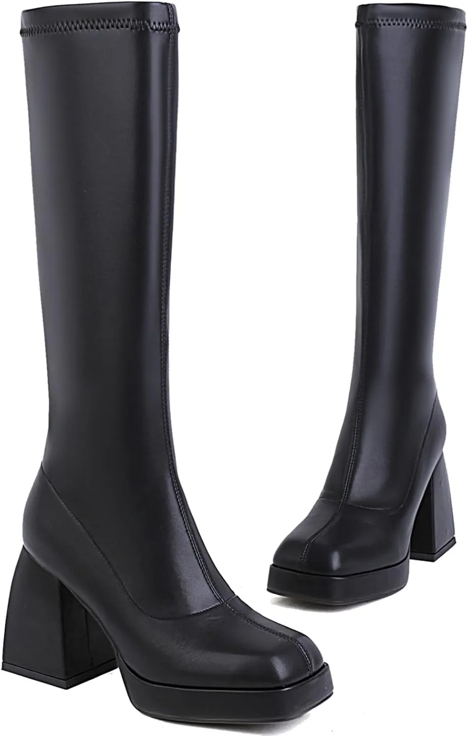 Yishaweiqi Women's Platform Gogo Boots Pull On Mid Calf Boots Chunky Block High Heel Boots Dress Halloween Costume Long Boots Disco Party Boots for Women