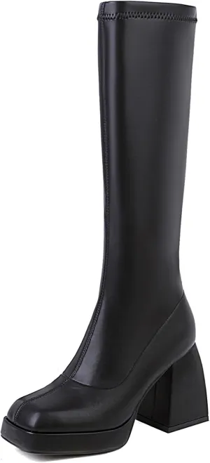 Yishaweiqi Women's Platform Gogo Boots Pull On Mid Calf Boots Chunky Block High Heel Boots Dress Halloween Costume Long Boots Disco Party Boots for Women