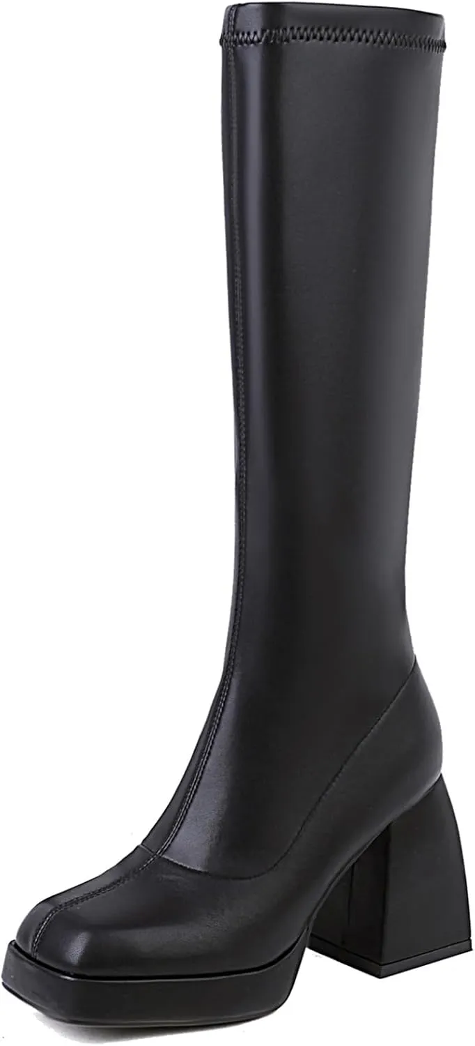 Yishaweiqi Women's Platform Gogo Boots Pull On Mid Calf Boots Chunky Block High Heel Boots Dress Halloween Costume Long Boots Disco Party Boots for Women