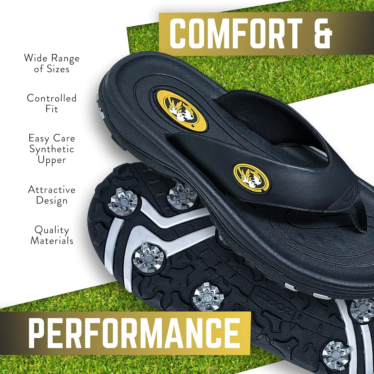 ZORIZ Collegiate Series Golf Sandals for Women and Men, Thong Flip Flops With Removable Spikes, Golf Footwear With Deeper Heel Cup and Higher Sidewalls