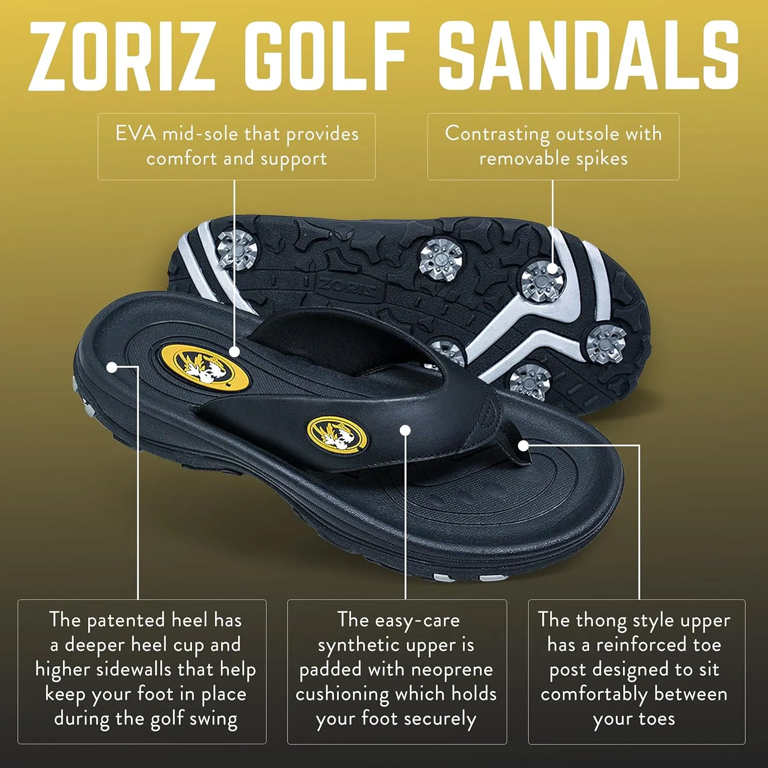 ZORIZ Collegiate Series Golf Sandals for Women and Men, Thong Flip Flops With Removable Spikes, Golf Footwear With Deeper Heel Cup and Higher Sidewalls