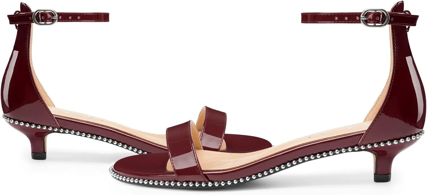 Z.Oufeier Women's Low Kitten Heels Open Peep Toe Ankle Strap Studded Buckle Dressy Heeled Sandals Beaded Patent Leather Summer Prom Party Shoes