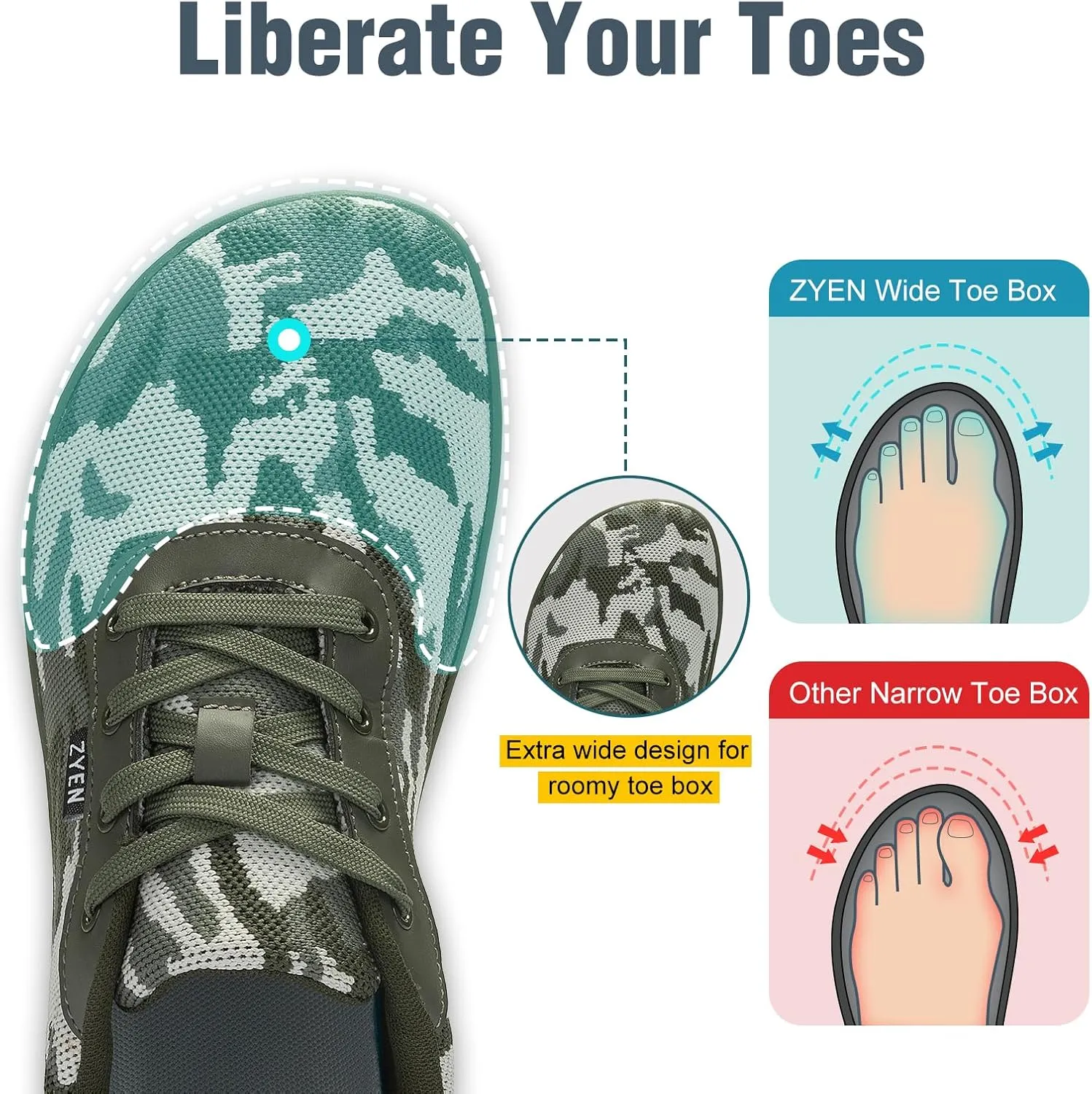 ZYEN Wide Toe Box Barefoot Shoes for Men Camo Walking Shoes Zero Drop Minimalist Sneakers Size 7-14