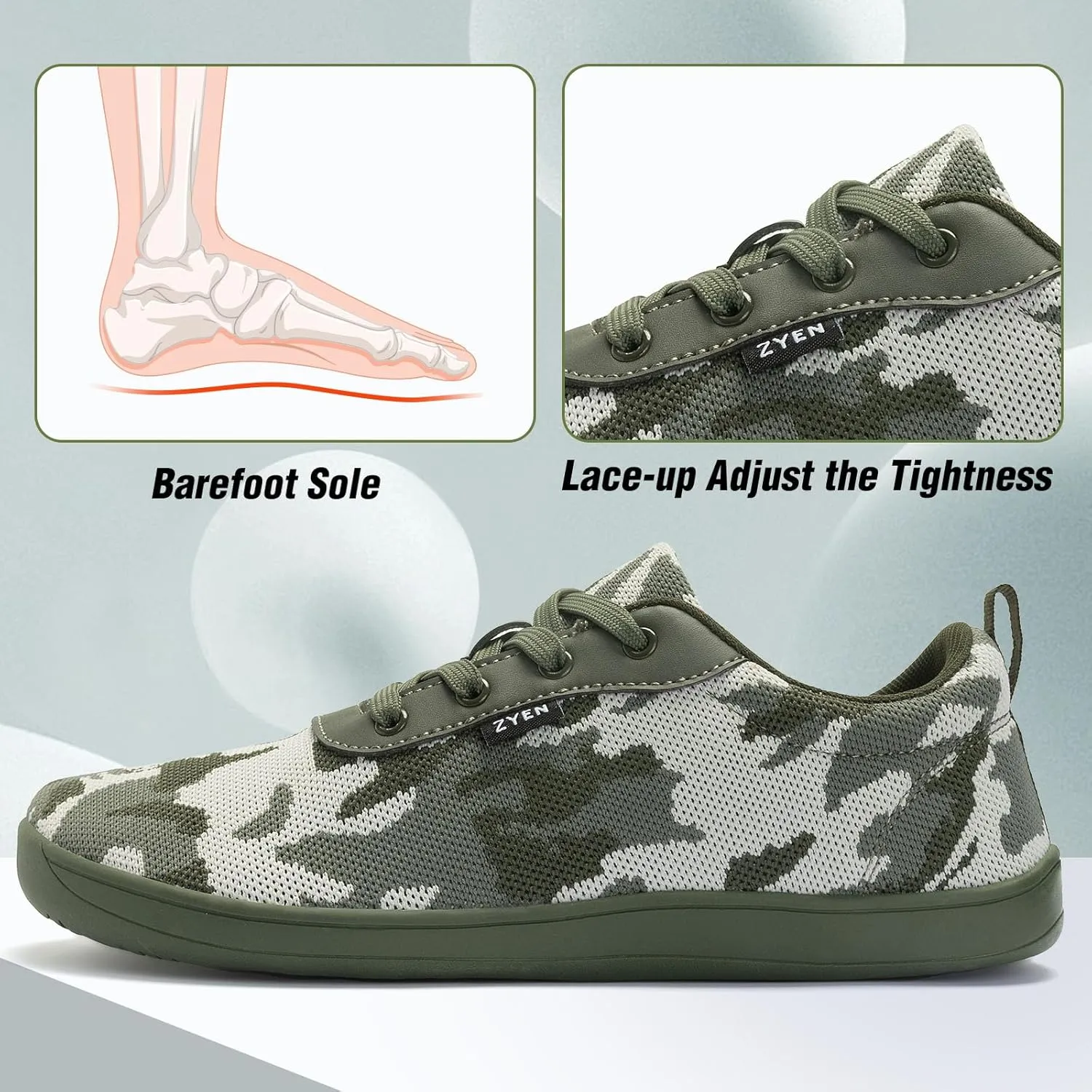 ZYEN Wide Toe Box Barefoot Shoes for Men Camo Walking Shoes Zero Drop Minimalist Sneakers Size 7-14